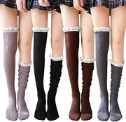 [Gellwhu] Women's 4 Pack Cotton Knit Boot Socks Knee High Socks Stockings With Lace Trim Free size Black Coffee Green Grey