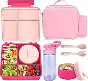 [Pawtong] Kids Pink Rectangular Lunch Box Set with 8oz Insulated Soup Thermo, 4 Compartment Bento Box, Water Bottle, Hot Food Jar & Lunch Bag