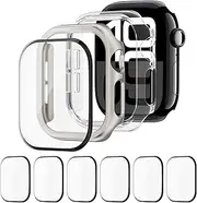 2 Case+6 Film for Apple Watch Screen Protector 46mm 42mm 45mm 41mm 44mm 40mm, Hard PC Bumper Cover with Flexible TPU Film for Apple Watch case 10 9 8 7 6 5 4 se,Starlight/Clear 46mm