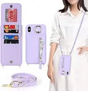 Cavor Vertical Flip Cover for iPhone Xs Max Leather Case 6.5'' Crossbody Wallet Card Slots with 360°Rotation Ring Holder Kickstand & Long Shoulder Lanyard Strap-Purple