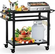 MEXMIODY 32"x 20" Outdoor Grill Table, Movable Grill Cart, Outdoor Kitchen Island Prep Stand Station, Pizza Oven Table, Grill Stand Fits Griddle 17" 22", Rolling Bar Cart with 5 Utensil Hooks