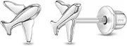 [In Season Jewelry] 925 Sterling Silver Tiny Polished Airplane Safety Screw Back Earrings For Children - Little Girls Traveling Airplane Earrings For Vacation, Metal, No Gemstone