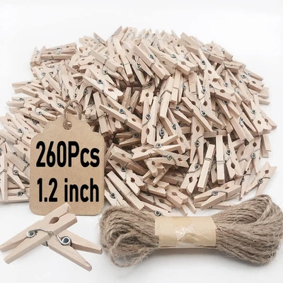 Mini Clothes Pins, 260 PCS Small Wooden Clothes Pin with Jute Twine, Clothespins