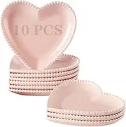 BABALIU 6.3 Inch Porcelain Appetizer Plates Set of 10, Heart Shape Small Dinner Plates, Dessert Salad Plates Serving Dishes for Cake, Snack, Ice Cream, Waffles, Microwave, Oven, Dishwasher Safe, Pink