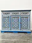 Antique Indian Blue Hand Painted Buffet Moroccan Sideboard Entry Cabinet Boho