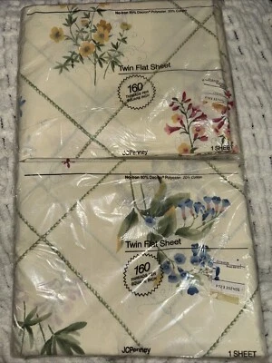 NEW LOT OF 2 Vtg 80's Floral Twin Flat Bed Sheets No Iron Floral white pink