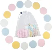 Mikinona 16Pcs Makeup Remover Pads Washable Face Wipe with Laundry Bag Soft Double Layer Cleansing Pads for Eye Makeup Facial Cosmetics Blue Pink White Yellow