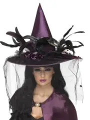Classic Fabric Purple Witch Hat with Feathers & Netting Halloween