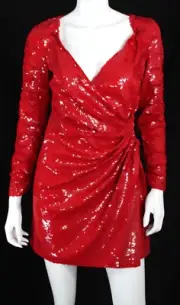 VALENTINO $9,800 NWT Scarlet Red Sequin Long Sleeve Mini Wrap Dress 40