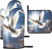 3 pcs Oven Mitts and Pot Holders Set 500°F Heat Resistant Oven Gloves and Hot Pads Kitchen Mittens Dove Sky Cooking Gloves Potholders for Baking Grilling