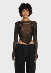 [DARKER WAVS] Replay Asymmetrical Mesh Long Sleeve Top - Black