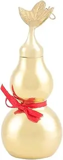 Brass Gourd, Traditional Chinese Feng Shui Wu Lou Cucurbit Statue Gourd with Leaf Red Luck Strip Smooth Surface Open Cover Metal Wealth Hulu Figurine Hanging Ornament Bottle Collectible