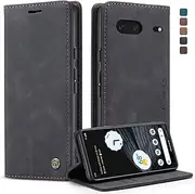 owlhold Google Pixel 7 Flip Case Premium Leather Case Soft Vintage Nubuck Leather Foldable Stand Protective Case Card Slot Stand Function Mobile Phone Case Google Pixel 7 - Black