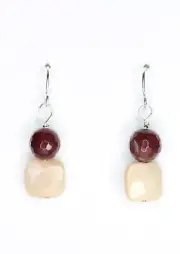 Mookaite 10mm Square Cream & Burgundy Gemstone Earrings .925 Sterling Silver