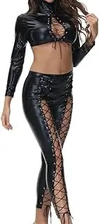 [GRRKDFQ] Women's Lingerie Sets Faux Leather Two Piece Set Lace-Up Crop Top and Bandage Pants