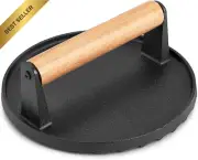Cast Iron Grill Press Weight Wood Handle Meat Burger Bacon Steak