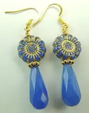 Blue Briolette Agate Dangle Earrings Blue Czech Flowers Handmade Jewelry
