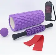 5 in1 Foam Roller Set, Trigger Point Foam Rollers, Massage Roller Stick, Massage Ball, Resistance Band for Deep Muscle Massage Pilates Yoga,Fitness Exercise for Whole Body (Purple)
