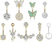 [Tomovely] 14G Belly Button Rings Dangle 316L Stainless Steel Belly Rings for Women Navel Piercing Jewelry 9Pcs