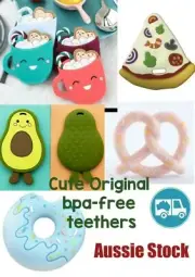 BPA free Silicone Cute Baby Textured Avacado, Pretzel, Pizza, Donut Teether Chew
