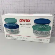 Pyrex Simply Store Tourquoise 8 Piece Set Decorated Glass Storage 4 Bowls 4 Lids