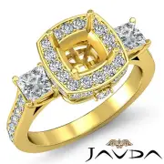 3 Stone Cushion Princess Pave Set Diamond Engagement Ring 18k Yellow Gold 1.1Ctw