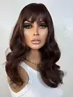Brunette Dark Brown Wig with Bangs, Human Hair Blend No Lace Full Basic Style