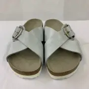 Birkenstock New w/ Box Siena Big Buckle Washed Metallic White Suede Leather Reg
