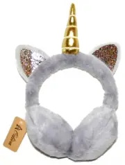 Unicorn Earmuff Kids Soft Fuzzy Plush Gray w/ Gold Horn & Multicolor Ears