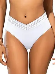 [SHEKINI] Swim Bottom for Women High Waist Bikini Briefs Full Coverage V Cut Cheeky Ruched Twist Front Plus Size Swimwear Bathing Suit