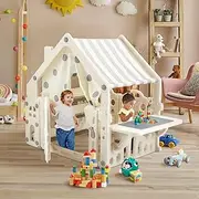 KIDBOT Kids Cubby House Playhouse, Kids Games Cottage Indoor/Outdoor, w/6x Storage Box, 1x Building Block Table, Pretend Play Gym Cottage Cabin Childrens Activity Centre Toy, for Boys & Girls