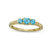Swiss Blue Topaz and Natural Diamond Accent Three Stone Ring in Solid 10K Yellow Gold
