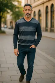 Pure Wool Ansett Patterned V Neck Jumper 8073 Navy