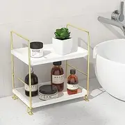 2-Tier Bathroom Countertop Organizer，Vanity Tray Makeup Storage Organizer Freestanding Stackable Bathroom Vanity Tray for Bathroom Bedroom Kitchen Spice Rack Counter Shelf（Gold+White）