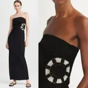 NEW SIR the Label Dorian Crochet Strapless Linen Dress Resort Wear Black Cream