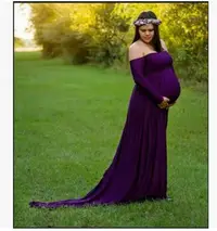 在飛比找Yahoo!奇摩拍賣優惠-【連身裙】孕婦連身裙大碼純色一字領長袖彈力棉孕婦拖地裙
