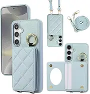 Mobile Phone Case for Samsung Galaxy S24 Plus / S24+ / Galaxy S25 Plus Case with Strap + Ring + Makeup Mirror Shockproof Mobile Phone Protective Case (Blue)