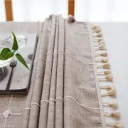 Catzon Embroidery Lattice Tablecloth with Tassel Cotton Linen Dust-Proof Table Cover for Kitchen Decoration-Coffee