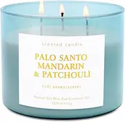Palo Santo Mandarin Patchouli Aromatherapy 3 Wick Candle - Large Soy Scented Candle for Home 15.8 oz - Soothing & Calming Candle for Women & Men - Long Lasting Clean Burn - Stress Relief Gift