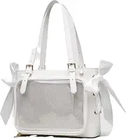 [Rainbow Cloudz] white ita bag display tote | clear front pocket | removable mesh insert | silk bow details | spacious shoulder bag for pins, plushies, collectibles, display purse, White, 29 x 23 x 8.5