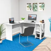 Advwin 140cm L Shaped Computer Desk Corner Study Table Shelf Home Office Workstation White