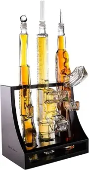 3 Gun Whiskey Decanter Set with Mahogany Rack - Unique Gift for Bourbon Lovers
