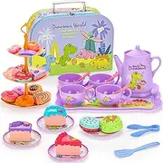 LOYUEGIYO Dinosaur Tea Party Set Toys for Girls Boys Toddler,Children Kitchen Pretend Role Play Food Toy,Educational Learning Kid Girl Toys Gifts for 3 4 5 6 7 Year Old,Teapot&Teacups&Dishes&Desserts