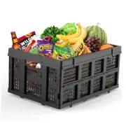 50L Collapsible & Stackable Plastic Storage Crates with Handles, Black