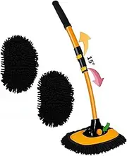Car Wash Brush with Long Handle Microfiber Car Wash Mop Car Cleaning Supplies Glove Set Dust Collector Kit, 2 Chenille Scratch Resistant Replacement with 15° Curved aluminum Pole (Black yellow)