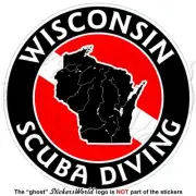 WISCONSIN SCUBA DIVING Flag-Map Shape USA Circular Vinyl Sticker, Decal 100mm