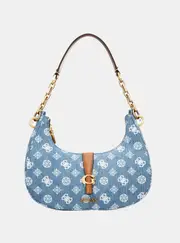 GUESS Women's Denim Logo Kuba Top Zip Shoulder Bag in Blue