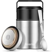 Alxeme Food Jar Insulated Lunch Container Bento Box for Cold Hot Food 27oz Food Flask Wide Mouth Stainless Steel Vacuum Lunch Box for Kids Adult with Spoon Flexible Handle Leak Proof – Silver