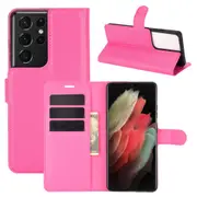 For Samsung Galaxy S21 Ultra Case Lychee Folio PU Leather Wallet Cover, Rose Red