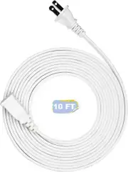 10FT White Flat and Thin 2 Prong Long Extension Cord for Indoor/Outdoor Use with